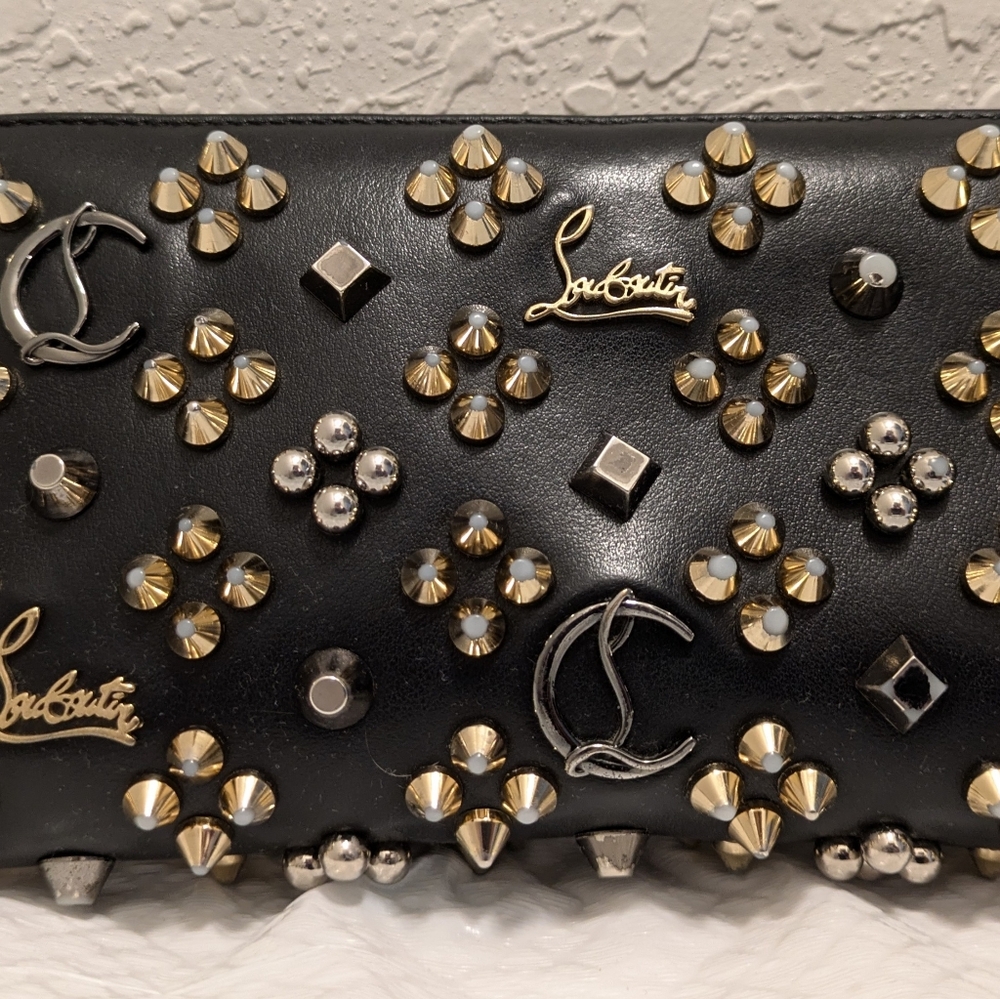 Authentic Christian Louboutin Pannetone Black Leather Multi-metal Spiked Wallet